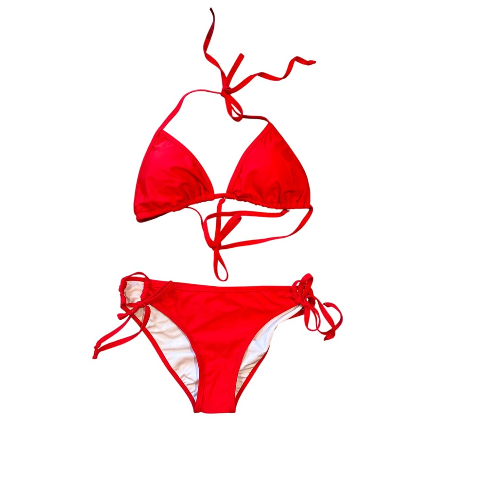 Bikini Set Women Small Red New Triangle Side‎ Tie Ruched Swimwear